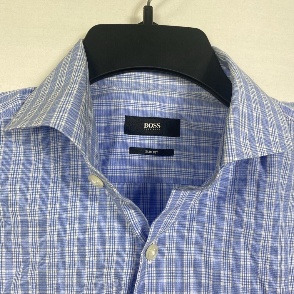 BOSS Hugo Boss Mens Size Medium Slim Fit Plaid Button Down Shirt Blue White